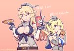  2girls bare_shoulders belt belt_buckle blonde_hair blue_gloves blue_neckwear braid breasts buckle capelet character_name colorado_(kantai_collection) cup dated detached_sleeves drinking_straw elbow_gloves fingerless_gloves food garrison_cap gloves grey_eyes hamburger hat headgear hot_dog iowa_(kantai_collection) kantai_collection large_breasts long_hair multiple_girls nakaaki_masashi necktie orange_background short_hair simple_background smile star star-shaped_pupils symbol-shaped_pupils upper_body wrist_cuffs 