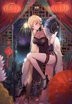  1girl 2020 assault_rifle bare_shoulders black_dress black_gloves blonde_hair breasts china_dress chinese_clothes commission dress english_commentary fan feather_boa fireworks girls_frontline gloves gun high_heels highres holding holding_fan jewelry korean_commentary lamp leg_garter long_hair looking_at_viewer niac night night_sky ots-14 ots-14_(girls_frontline) rifle ring sky sleeveless sleeveless_dress smile solo umbrella very_long_hair weapon yellow_eyes 