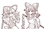  2girls apron ascot bangs bare_shoulders bow commentary cowboy_shot detached_sleeves eyebrows_visible_through_hair frilled_bow frills gohei grin hair_tubes hakurei_reimu hand_up hat hat_bow holding index_finger_raised juliet_sleeves kirisame_marisa long_hair long_sleeves looking_at_viewer monochrome multiple_girls ofuda puffy_sleeves shirt sidelocks simple_background smile standing star touhou vest waist_apron white_background witch_hat wool_(miwol) yin_yang 
