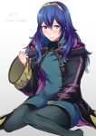  1girl 2019 ameno_(a_meno0) black_cloak black_sweater blue_eyes blue_hair blush breastplate cloak closed_mouth commentary_request cosplay fire_emblem fire_emblem_awakening hair_between_eyes hair_ornament hood hood_down hooded hooded_cloak lips long_hair lucina_(fire_emblem) my_unit my_unit_(cosplay) open_clothes ribbed_sweater robin_(fire_emblem) robin_(fire_emblem)_(male) simple_background sitting solo sweater tiara turtleneck turtleneck_sweater white_background 