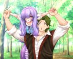  1boy 1girl amano_jack_(paradise_jack) bangs blush commentary covering_one_eye dress english_commentary eyebrows_visible_through_hair eyes_visible_through_hair fantasy forest green_hair hair_over_one_eye holding_hands lamia lavender_hair long_hair monster_girl nature open_mouth original pointy_ears purple_eyes scales shirt short_hair stretch tail tree upper_body v-shaped_eyebrows 