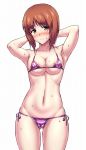  1girl areola_slip areolae armpits arms_behind_head ass_visible_through_thighs bangs bikini blush breasts brown_eyes brown_hair cleavage closed_mouth commentary_request covered_nipples cowboy_shot eyebrows_visible_through_hair frown girls_und_panzer groin head_tilt highres looking_at_viewer micro_bikini muchabou navel nishizumi_miho purple_bikini short_hair simple_background skindentation solo standing sweat swimsuit white_background 