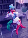  anthro anthrofied avian bar bar_stool blep clothing dip_(character) drinking_bird furniture geckozen hat headgear headwear hi_res limited_light looking_at_viewer male plant shrub stool tongue tongue_out top_hat wellington_boot wine_glass 