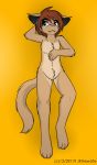  anthro brown_body brown_fur brown_hair canid canine canis domestic_dog fangs featureless_chest featureless_crotch fur green_eyes hair hand_on_chest hand_on_head jknewlife male mammal mike nude pink_nose pinup pose 