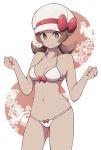  1girl bikini breasts brown_eyes brown_hair hat highres kotone_(pokemon) lamb-oic029 looking_at_viewer navel pokemon smile swimsuit white_bikini white_headwear 