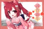  1girl absurdres alternate_costume animal_ear_fluff animal_ears azur_lane bangs bell cat_ears cat_hair_ornament cat_tail cherry_blossom_print commentary_request fang hair_ornament highres i-19_(azur_lane) japanese_clothes kimono kinokan long_sleeves nengajou new_year obi open_mouth pink_kimono red_eyes red_hair ribbon sash short_twintails sidelocks skin_fang sleeves_past_wrists smile solo tail tail_bell tail_ribbon twintails twitter_username wide_sleeves 