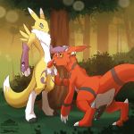  2019 bodily_fluids canid cheetahlover chromamancer claws clothing digimon digimon_(species) digital_media_(artwork) duo erection fur guilmon male male/male mammal penis renamon scalie tongue 