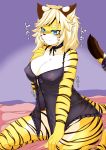  2019 absurd_res anthro babydoll blonde_hair blue_eyes blush breasts brown_body brown_fur brown_stripes cleavage clothed clothing countershading dipstick_tail felid female front_view full_bokko_heroes_x fur hair hi_res japanese_text kemono kneeling lingerie looking_aside mammal megane_inu multicolored_body multicolored_fur multicolored_tail nightgown nipple_outline pantherine solo striped_body striped_fur stripes text tiger translucent yellow_body yellow_fur zhang_fei_(fullbokko_heroes) 