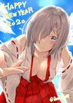  1girl 2020 areola_slip areolae blue_eyes blue_sky blush breasts closed_mouth cloud collarbone day detached_sleeves hair_ornament hair_over_one_eye hairclip hakama hamakaze_(kantai_collection) hanging_breasts happy_new_year japanese_clothes kantai_collection large_breasts leaning_forward looking_at_viewer miko nagi_(shunsuke-manage) new_year no_bra open_clothes outdoors outstretched_arm reaching_out red_hakama short_hair silver_hair sky smile solo standing twitter_username wide_sleeves 