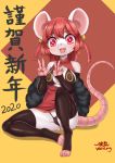  4_toes 5_fingers anthro blush breasts camel_toe clothed clothing double_v_sign female fingers gesture hair hi_res holidays mammal murid murine new_year rat red_eyes rodent solo text toes underwear v_sign wolflong 