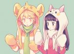  1boy 1girl :o alternate_color animal_hood bangs black_hair blonde_hair blunt_bangs closed_mouth cosplay green_background green_scarf headwear_with_attached_mittens hikari_(pokemon) hime_cut hood jun_(pokemon) komasawa_(fmn-ppp) long_hair long_sleeves looking_at_hands mittens orange_eyes pachirisu pachirisu_(cosplay) pokemon pokemon_(game) pokemon_dppt scarf shinx shinx_(cosplay) shiny_pokemon shirt sidelocks simple_background smile striped striped_shirt surprised up upper_body white_mittens white_scarf winter_clothes yellow_headwear yellow_mittens 