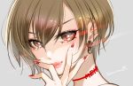  1girl brown_eyes brown_hair character_name close-up collar commentary earrings glowing glowing_eyes hand_over_face jewelry karakoro light_smile lipstick looking_at_viewer makeup meiko nail_polish portrait red_nails short_hair solo vocaloid 