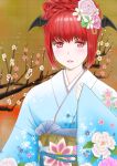 1girl alternate_costume alternate_hairstyle arm_up bangs blue_kimono bosutonii brown_background cherry_blossoms commentary_request expressionless eyebrows_visible_through_hair floral_print flower hair_flower hair_ornament hair_up hand_on_own_chest head_wings highres japanese_clothes kimono koakuma lips looking_at_viewer obi parted_lips red_eyes red_hair red_sun sash shiny shiny_hair sleeves_past_wrists snowflake_print solo touhou tree_branch unfinished upper_teeth 