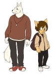  2019 anthro blush canid canine canis clothing domestic_cat domestic_dog felid feline felis looking_at_viewer mammal manmosu_marimo shota_feline_(marimo) simple_background smile standing white_background white_canine_(marimo) 