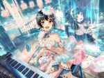  1girl 2girls :d artist_request bang_dream! black_hair blue_butterfly blush bow breasts chandelier dress earrings floral_print from_above glint gloves hairband half_updo hand_on_own_chest hat jewelry large_breasts long_hair looking_at_viewer mini_hat multiple_girls official_art open_mouth purple_eyes shirokane_rinko sitting smile sparkle stairs stool water white_bow white_gloves younger 
