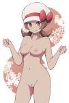  1girl breasts brown_eyes brown_hair hat highres kotone_(pokemon) lamb-oic029 looking_at_viewer navel nipples nude pokemon pubic_hair pussy smile white_headwear 