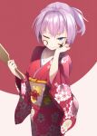  1girl alternate_costume blue_eyes facepaint hagoita hair_ornament hanetsuki japanese_clothes kantai_collection kimono mofu_namako paddle pink_hair ponytail red_kimono shiranui_(kantai_collection) short_hair solo standing two-tone_background 