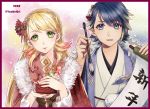  1boy 1girl alfonse_(fire_emblem) blonde_hair blue_eyes blue_hair braid brother_and_sister closed_mouth crown_braid fire_emblem fire_emblem_heroes floral_print gradient_hair green_eyes hair_ornament holding holding_paintbrush japanese_clothes kimono long_hair long_sleeves multicolored_hair open_mouth paintbrush pink_hair sharena short_hair siblings smile twitter_username upper_body youhe_qri 
