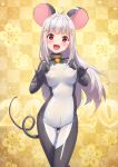  1girl 2020 animal_ears bangs blunt_bangs blush bodysuit breasts extra_ears eyebrows_visible_through_hair hair_ornament highres latex_bodysuit long_hair medium_breasts mouse_ears mouse_tail open_mouth original purinpu red_eyes silver_hair skin_tight solo tail x_hair_ornament zipper zipper_pull_tab 