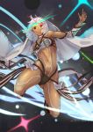  1girl altera_(fate) breasts dark_skin energy_sword fate/grand_order fate_(series) glowing glowing_weapon highres jumping kikken midriff navel photon_ray red_eyes small_breasts sword tattoo veil weapon white_hair 