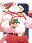  2019 anthro belly bottomwear bulge christmas clothing fur hat headgear headwear holidays humanoid_hands male mammal moobs murid murine navel nipples o-ro overweight overweight_male pants pink_nose rat rodent santa_claus santa_hat solo white_body white_fur 