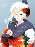  1girl beret blonde_hair blue_background blue_eyes blue_gloves dated gloves hair_between_eyes hat highres japanese_clothes kantai_collection kimono long_hair mole mole_under_eye mole_under_mouth new_year pink_lips pom_pom_(clothes) richelieu_(kantai_collection) shingyo upper_body 