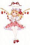  1girl :d alternate_costume alternate_wings arm_garter ascot bangs bell blonde_hair blush bow character_name collar collared_dress commentary_request cross-laced_clothes crossed_legs crystal dotted_background dress fang flandre_scarlet food_print fork frilled_collar frilled_dress frilled_sleeves frills full_body gold hand_up hat hat_bow head_tilt highres holding holding_fork jingle_bell looking_at_viewer miya_(ete) open_collar open_mouth outstretched_hand pink_dress plaid plaid_dress puffy_short_sleeves puffy_sleeves red_bow red_dress red_eyes red_footwear red_ribbon ribbon ribbon-trimmed_dress shiny_footwear shirt shoe_bow shoes short_hair short_sleeves sitting smile solo strawberry_print swept_bangs thighhighs touhou undershirt white_background white_headwear white_legwear white_neckwear white_shirt wings wrist_bow wrist_cuffs zettai_ryouiki 