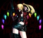  1girl alternate_hairstyle asymmetrical_legwear bangs black_gloves black_shorts blonde_hair bow closed_mouth commentary_request crystal flandre_scarlet gloves glowing glowing_crystal glowing_eye gun hair_bow hand_in_pocket hand_up handcannon handgun holding holding_gun holding_weapon jacket long_hair long_sleeves looking_at_viewer midriff navel open_clothes open_jacket ponytail red_eyes red_jacket rion_(glayjirobass) shaded_face shirt short_shorts shorts sideways_glance single_thighhigh solo standing thighhighs touhou weapon wings 