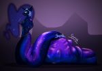  2019 anthro armor belly big_belly breasts digital_media_(artwork) equid ethereal_hair female female_pred friendship_is_magic hand_on_stomach headgear helmet horn lamia looking_back mammal medium_breasts my_little_pony nightmare_moon_(mlp) nipples nude open_mouth pseudo_hair purple_body reptile rumbling_stomach scalie serpentine simple_background smile snake solo unicorn vore youngintellegentfurryfriend 
