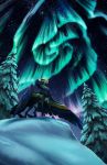  2019 aurora_borealis black_body black_fur blue_eyes detailed_background digital_media_(artwork) equid equine feathered_wings feathers feral fur hooves male mammal night outside pterippus sky snow solo standing star starry_sky tree turnipberry wings 