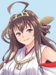  1girl ahoge blue_background brown_hair detached_sleeves double_bun hairband headgear highres japanese_clothes kantai_collection kongou_(kantai_collection) long_hair looking_at_viewer purple_eyes ribbon-trimmed_sleeves ribbon_trim shingyo simple_background smile solo upper_body 