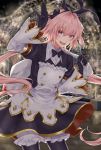  1boy astolfo_(fate) astolfo_(saber)_(fate) azaka_(rionrita) bangs black_bow black_gloves black_ribbon blush bow bowtie commentary_request fang fate_(series) gloves hair_bow hair_intakes hair_ribbon highres long_hair long_sleeves looking_at_viewer multicolored_hair otoko_no_ko pink_hair purple_eyes ribbon skin_fang smile solo streaked_hair twintails white_hair 