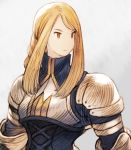  1girl agrias_oaks armor blonde_hair braid breastplate brown_eyes closed_mouth final_fantasy final_fantasy_tactics highres long_hair looking_away maekakekamen no_nose parody shoulder_pads single_braid solo style_parody tsurime turtleneck upper_body yoshida_akihiko_(style) 