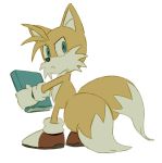  anthro blue_eyes bluekomadori book canid canine clothing footwear fox frown fur gloves handwear holding_object looking_back male mammal miles_prower shoes simple_background solo sonic_the_hedgehog_(series) standing white_background white_body white_fur yellow_body yellow_fur 