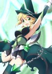 1girl absurdres akatsuki_kirika arm_up armpits blonde_hair blush breasts chain elbow_gloves eyebrows_visible_through_hair gloves green_eyes highres large_breasts looking_at_viewer looking_to_the_side magical_girl open_mouth rikopin senki_zesshou_symphogear shiny shiny_hair short_hair simple_background smile solo sparkle_background striped striped_legwear teeth thighhighs tongue upper_teeth 