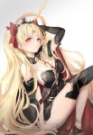  1girl arm_support asymmetrical_legwear bangs between_breasts black_cape black_legwear blonde_hair breasts cape closed_mouth commentary earrings ereshkigal_(fate/grand_order) fate/grand_order fate_(series) gradient gradient_background hair_intakes highres hoop_earrings infinity jewelry lielac lips long_hair multicolored multicolored_cape multicolored_clothes necklace parted_bangs red_cape red_eyes single_thighhigh skull solo spine thighhighs thighs two_side_up very_long_hair 