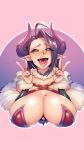  1girl ahegao ahoge black_sclera blush breast_mousepad breasts cleavage demon_girl demon_horns detached_collar detached_sleeves double_v drooling feather_boa fingernails fur_collar hair_over_one_eye highres horns huge_ahoge huge_breasts iris_lilith_vandella_carmen jewelry long_fingernails long_hair minamoto mole mole_on_breast mole_under_eye mousepad nail_polish pink_eyes purple_hair purple_horns purple_nails ring rolling_eyes shiny shiny_skin solo succubus sweatdrop tongue tongue_out upper_body v waifusplit 