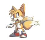  2013 anthro blue_eyes bluekomadori canid canine clothing footwear fox fur gesture gloves handwear looking_up male mammal miles_prower pointing shoes simple_background smile solo sonic_the_hedgehog_(series) standing white_background white_body white_fur yellow_body yellow_fur 