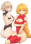  2girls alternate_costume arm_strap ass back bangs bare_back bare_hips bare_shoulders between_legs black_bow black_leotard blonde_hair bow braid breast_hold breasts brown_hair cleavage cleavage_cutout closed_mouth commentary eyebrows_visible_through_hair fate/apocrypha fate/grand_order fate_(series) hand_between_legs hand_on_own_arm hand_on_own_chest highleg highleg_leotard jeanne_d&#039;arc_(alter)_(fate) jeanne_d&#039;arc_(fate) jeanne_d&#039;arc_(fate)_(all) knee_cutout large_breasts leotard light_brown_hair long_hair looking_at_viewer multiple_girls parted_lips purple_eyes red_bow red_legwear red_leotard revision short_hair sideboob simple_background single_braid sitting skindentation thighhighs tsuki_suigetsu turtleneck_leotard v-shaped_eyebrows very_long_hair white_background 