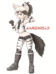  1girl aardwolf_(kemono_friends) aardwolf_ears aardwolf_print aardwolf_tail adapted_costume animal_ear_fluff animal_ears animal_print arm_up armpits bare_shoulders black_eyes black_footwear black_hair black_neckwear black_shorts boots breast_pocket character_name collared_shirt commentary_request crop_top cropped_shirt cross-laced_footwear elbow_gloves extra_ears eyebrows_visible_through_hair full_body gloves grey_hair groin hair_between_eyes hand_up high_ponytail highres juuen_sharin kemono_friends knee_boots lace-up_boots legwear_under_shorts looking_afar medium_hair midriff multicolored_hair navel necktie open_mouth pantyhose pocket ponytail print_gloves print_legwear print_shirt shirt short_shorts shorts side-tie_bottom side-tie_shorts simple_background sleeveless sleeveless_shirt solo standing stomach tail two-tone_hair white_background wing_collar 
