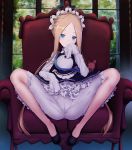  1girl abigail_williams_(fate/grand_order) ass bangs black_footwear black_skirt blonde_hair blue_eyes blush braid breasts chair closed_mouth crotch dress fate/grand_order fate_(series) french_braid heroic_spirit_festival_outfit highres leaning_back long_hair long_sleeves looking_at_viewer maid_headdress parted_bangs rihyaruto_bafuman sash sidelocks sitting skirt small_breasts smile solo spread_legs stuffed_animal stuffed_toy teddy_bear very_long_hair white_bloomers white_dress window 
