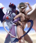  2girls ass-to-ass backlighting bare_shoulders beach bikini black_sclera blue_skin breasts cleavage commentary commission day demon_(monster_girl_encyclopedia) demon_girl demon_horns demon_tail demon_wings detached_sleeves english_commentary glasses hair_over_one_eye hat heart_tail_duo highres hime_cut horns jiffic large_breasts lilim_(monster_girl_encyclopedia) lips locked_arms long_hair monster_girl_encyclopedia multiple_girls ocean ojou-sama_pose original parted_lips peaked_cap platinum_blonde_hair pointy_ears purple_hair red_bikini red_eyes red_ribbon ribbon rimless_eyewear sarong shiny shiny_skin swimsuit tail tail_ribbon toned victoria_(lilim) wings 