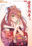  1girl bangs blush bow bra breasts brown_hair cleavage commentary dated doki_doki_literature_club green_eyes hair_bow hair_intakes hair_ornament hamster happy_new_year japanese_clothes kevn kimono long_hair monika_(doki_doki_literature_club) nengajou new_year solo translation_request underwear 