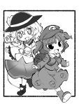  2girls :d backpack bag bangs blush boots collared_shirt eyeball flat_cap frame frilled_shirt_collar frilled_sleeves frills full_body greyscale hair_bobbles hair_ornament hat heart heart_of_string kawashiro_nitori komeiji_koishi long_sleeves monochrome multiple_girls open_mouth pocket puffy_sleeves shirt short_hair short_twintails simple_background skirt smile standing third_eye touhou twintails two_side_up wavy_hair white_background wide_sleeves zubatto_(makoto) 