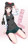  1girl 2020 animal_ears bangs birthday black_hair black_legwear blunt_bangs breasts checkered checkered_ribbon checkered_skirt chinese_zodiac commentary_request eyebrows_visible_through_hair flower green_eyes hair_flower hair_ornament highres hime_cut kurosawa_dia long_hair long_sleeves looking_at_viewer love_live! love_live!_sunshine!! mole mole_under_mouth mouse_ears new_year ribbon seiza shiny shiny_hair sidelocks sitting skirt sleeves_pushed_up small_breasts solo striped striped_ribbon translation_request year_of_the_rat yopparai_oni 
