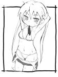  1girl armpits arms_behind_head bangs bikini blush closed_mouth commentary_request cowboy_shot dripping frame greyscale kill_me_baby long_hair monochrome mouth_hold navel simple_background solo sonya_(kill_me_baby) standing swimsuit twintails white_background zubatto_(makoto) 