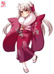  1girl alternate_costume amatsukaze_(kantai_collection) artist_logo commentary_request dated floral_print full_body fur-trimmed_kimono fur_trim furisode hair_tubes highres japanese_clothes kanon_(kurogane_knights) kantai_collection kimono long_hair looking_at_viewer red_kimono sandals silver_hair simple_background sleeves_past_fingers sleeves_past_wrists socks solo tabi two_side_up white_background white_legwear 
