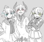  3girls corruption dark_persona glowing glowing_eyes headgear kantai_collection kasumi_(kantai_collection) multiple_girls nenohi_(kantai_collection) open_mouth poyo_(hellmayuge) school_uniform serafuku sharp_teeth shinkaisei-kan smile teeth white_hair white_skin yukikaze_(kantai_collection) 