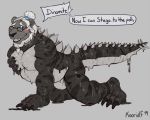  anthro bulge clothing corvusatrox dialogue digital_media_(artwork) dinosaur goo_(disambiguation) koorivlf reptile scalie sketch skinsuit snout solo solo_focus suit tight_clothing transformation 