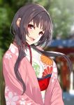  1girl bangs black_hair blunt_bangs blurry blurry_background blush day furisode highres japanese_clothes kimono long_hair looking_at_viewer obi open_mouth original outdoors red_eyes sash solo torii yappen 